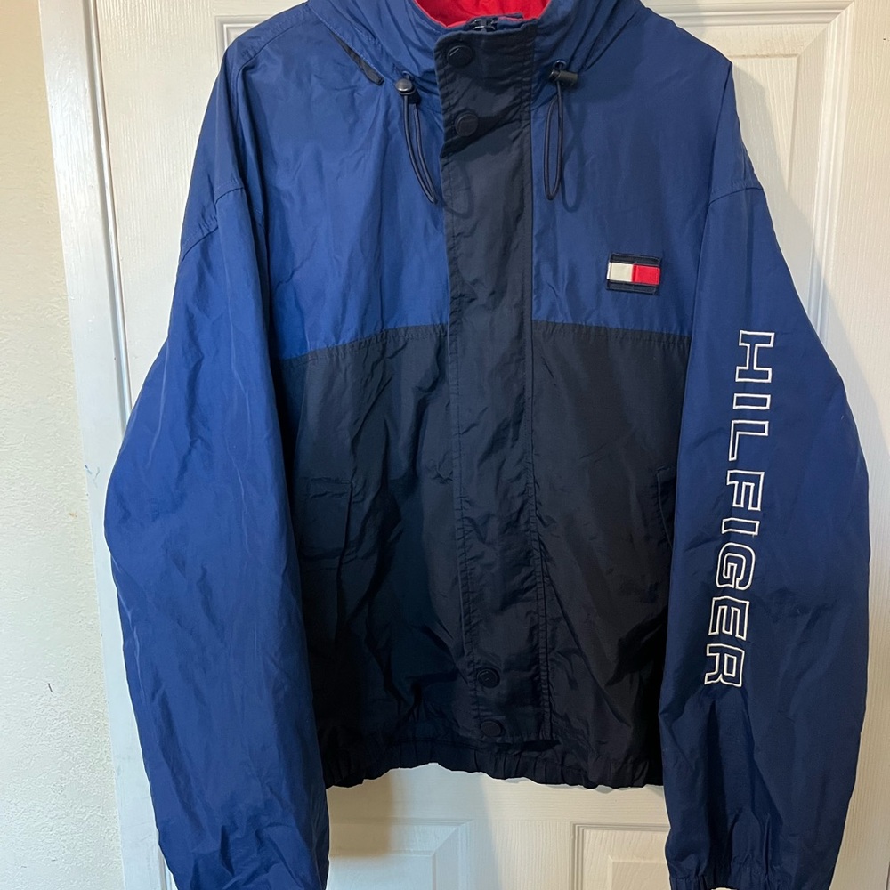 Vintage 90s Tommy Hilfiger Windbreaker Hooded Jacket Blue Navy Red XL Men's